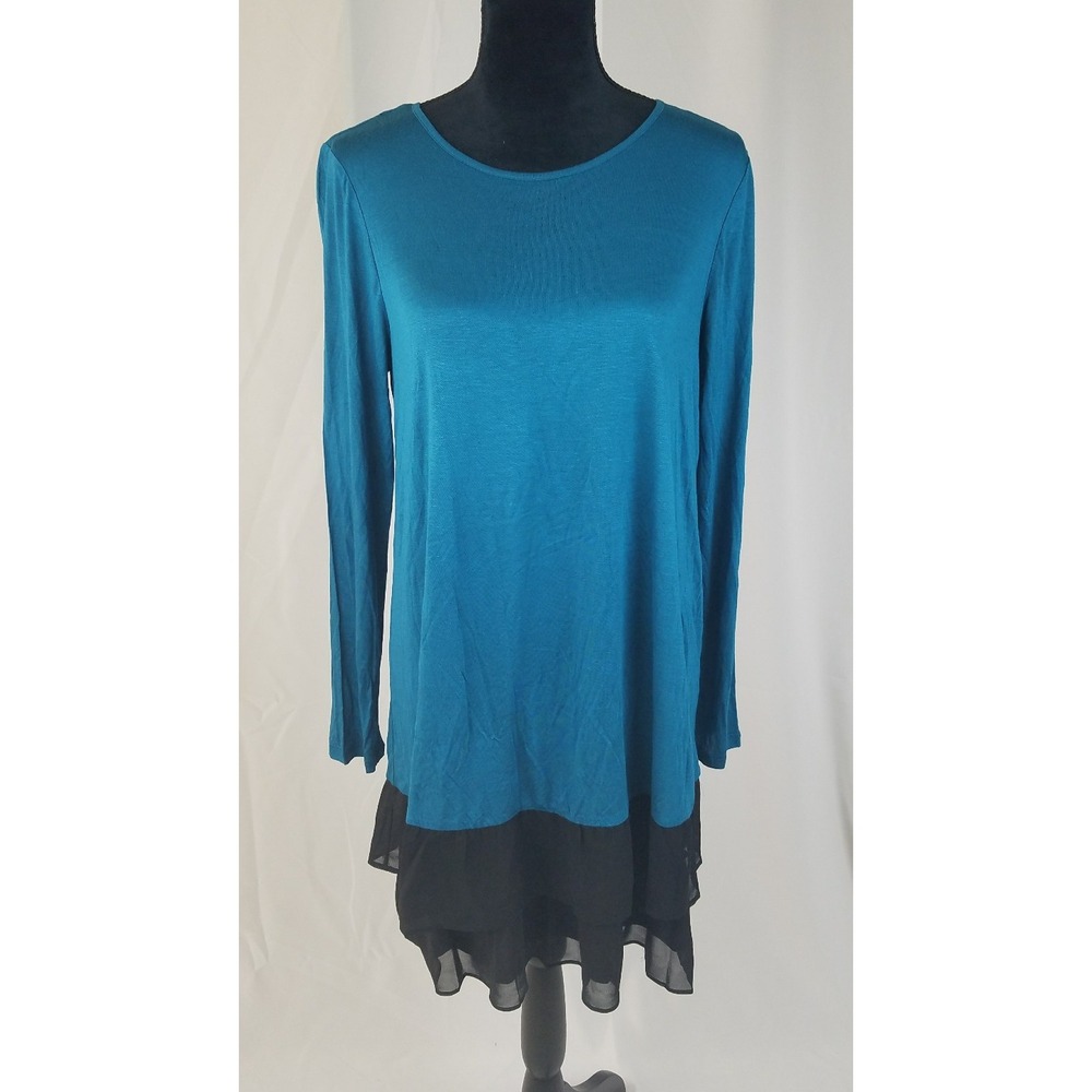 Kensie tunic pullover women M Blue Chiffon Trim Tiered long sleeve mixed media